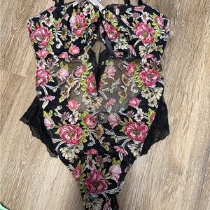 Victoria's Secret Black Floral Lace Bodysuit